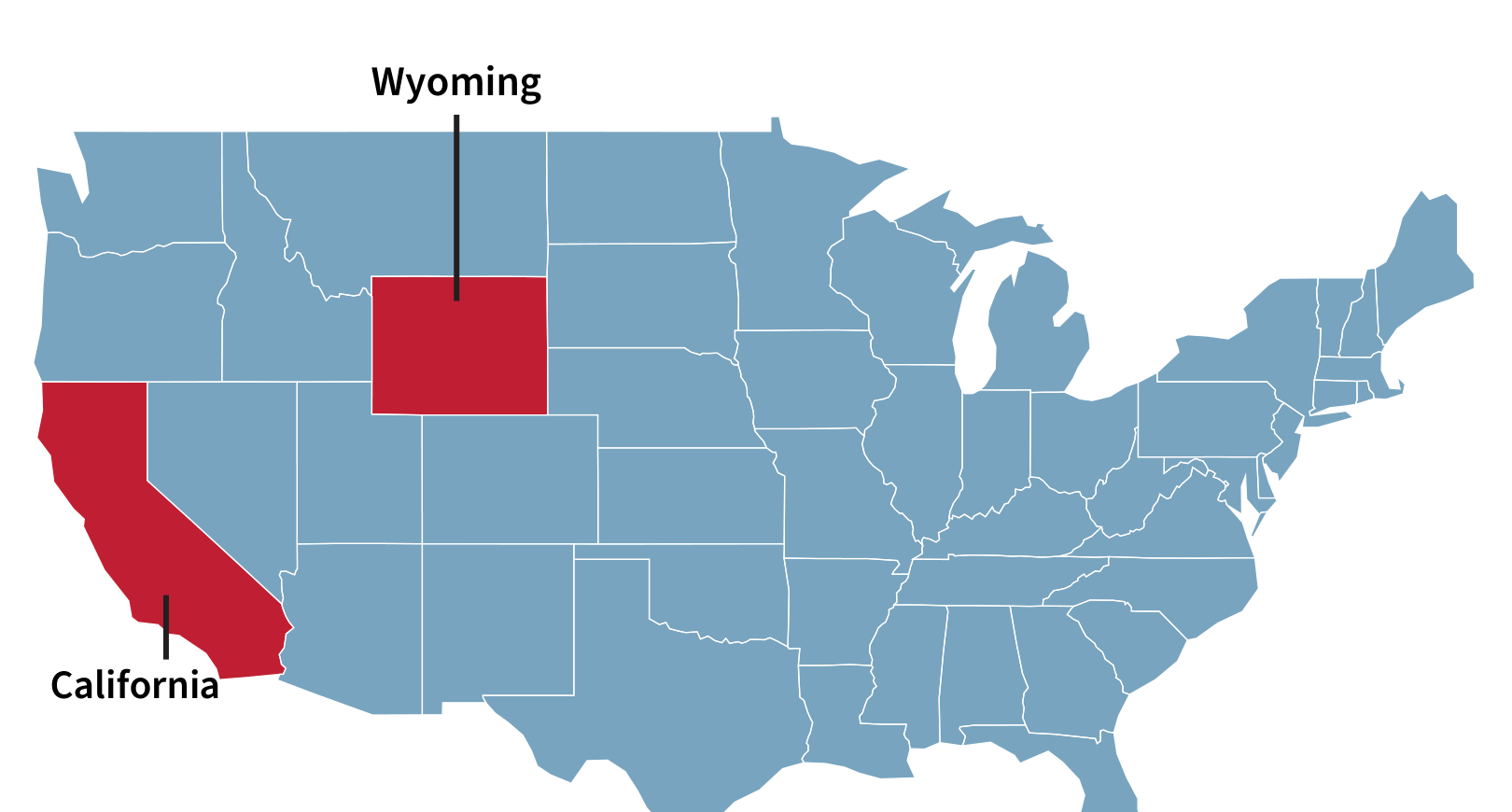 Map showing California and Wyoming, which both have two U.S. Senators.