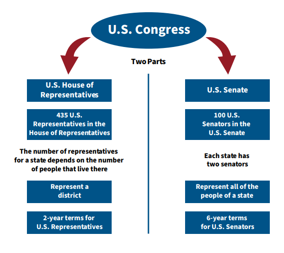 Diagram comparing the two parts of the U.S. Congress: the U.S. House of Representatives and the U.S. Senate.