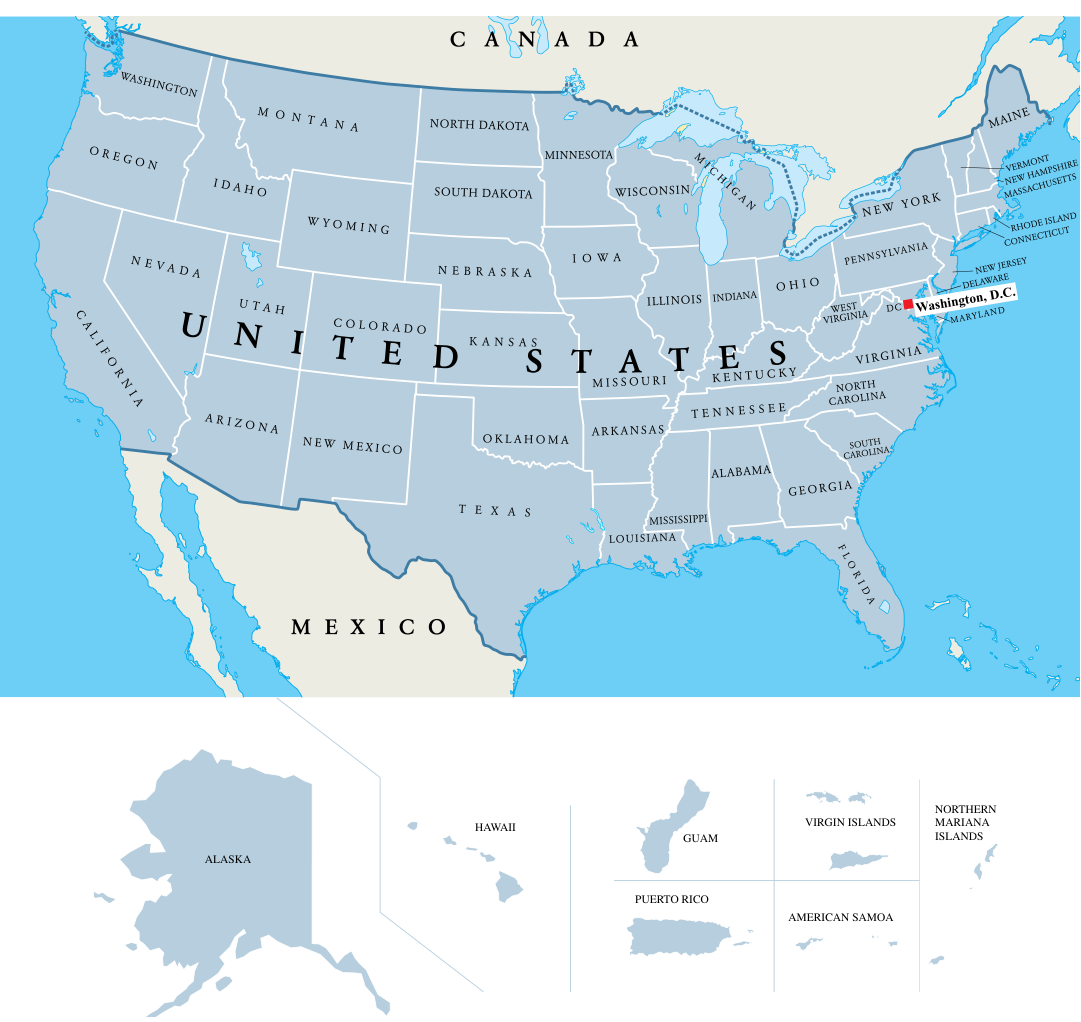 Map of the 50 U.S. states, Washington, D.C., and the 5 U.S. territories, with Canada and Mexico.