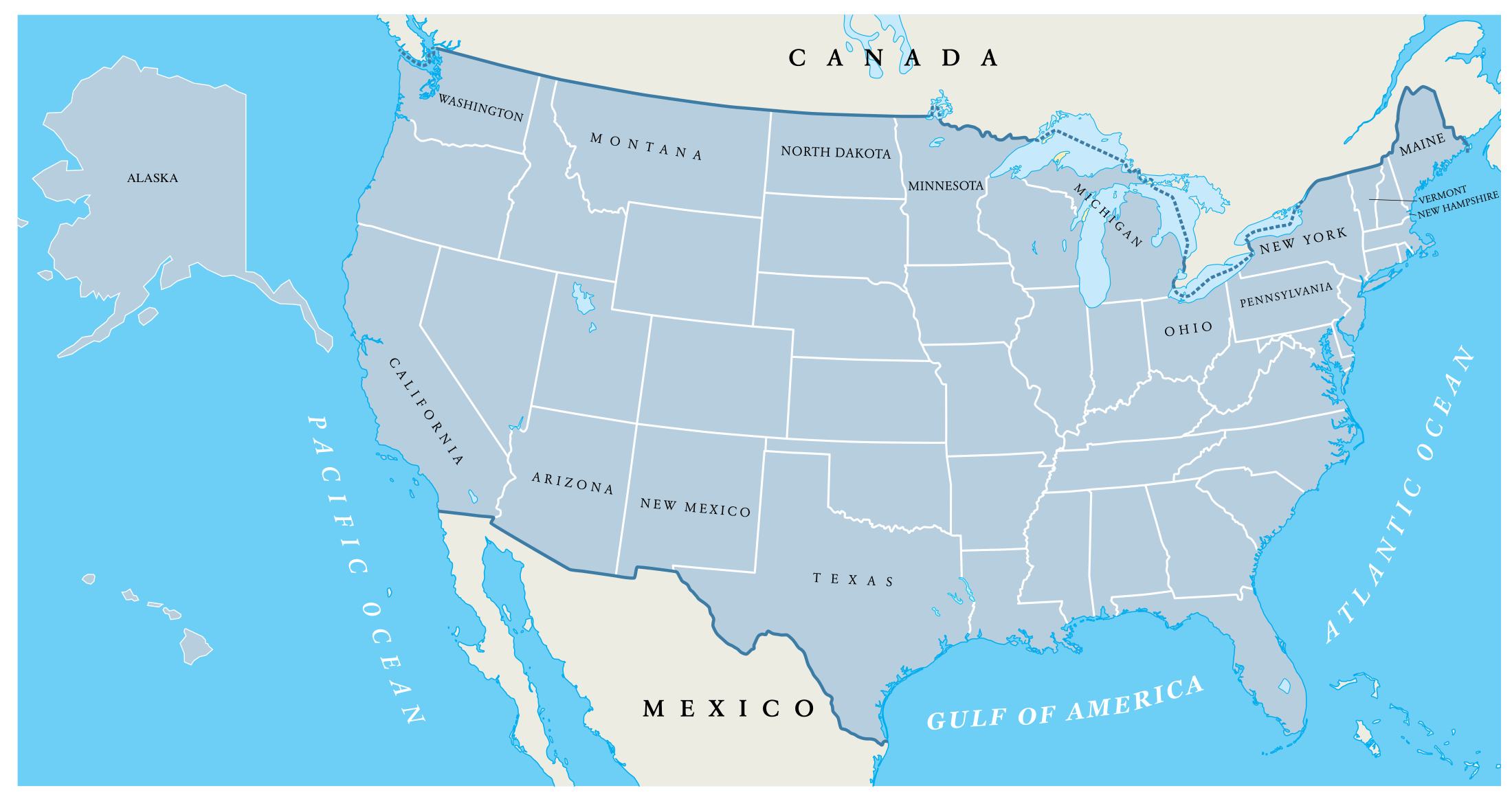Map of the 50 U.S. states and Washington, D.C., with Canada and Mexico.