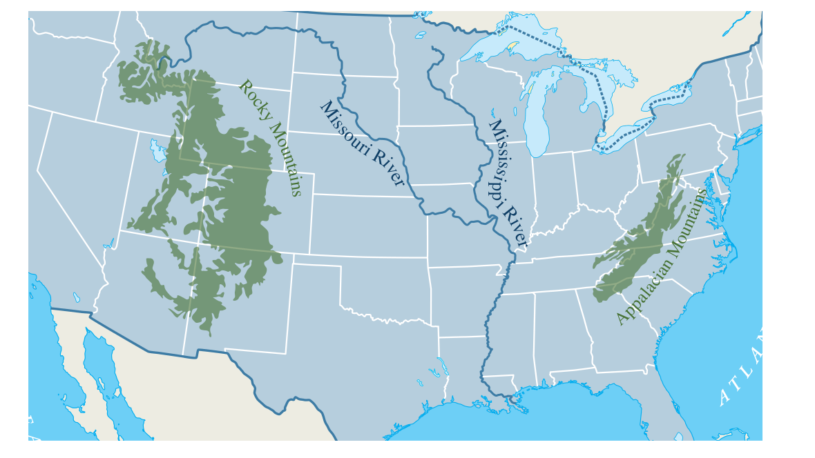 Map showing the Rocky Mountains, Appalachian Mountains, Mississippi River, and Missouri River.