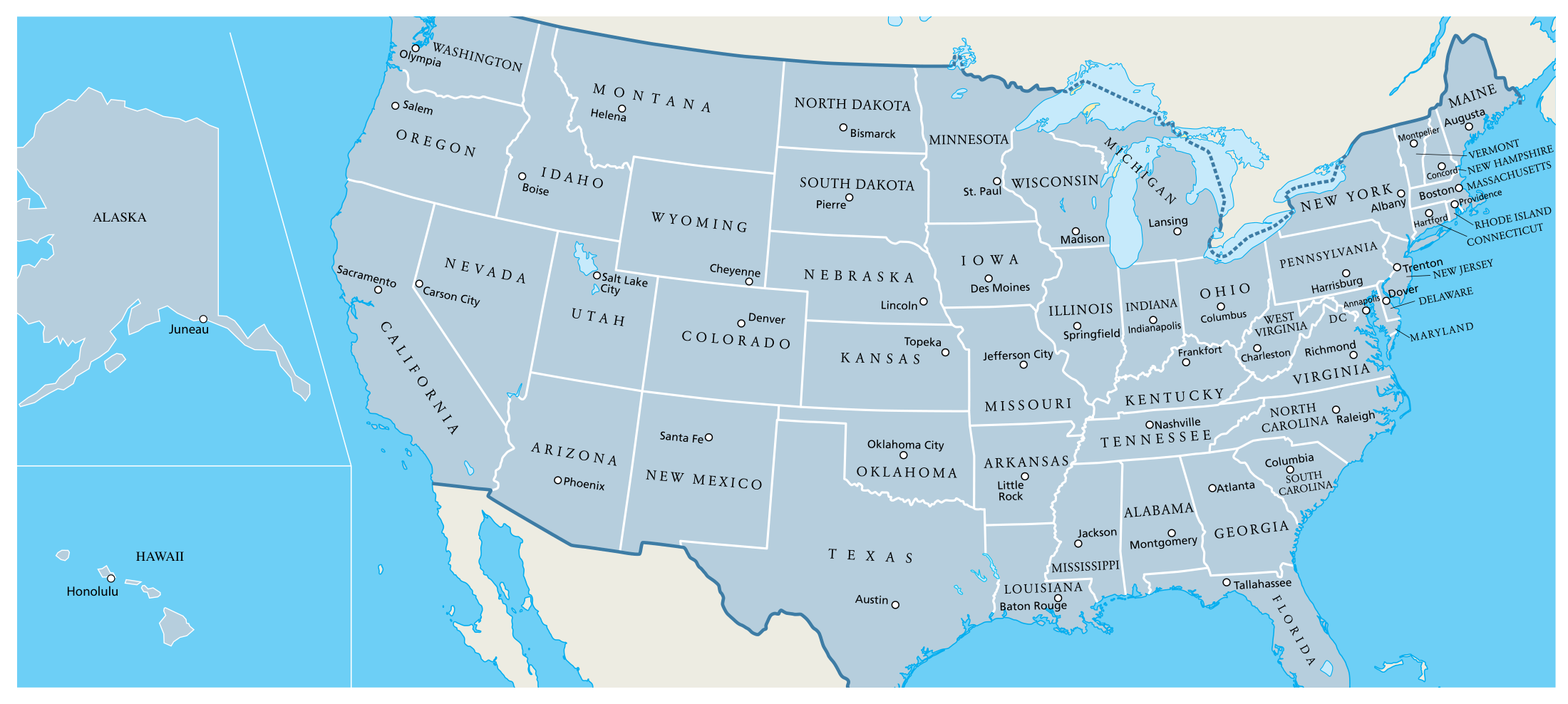 Map of the 50 U.S. states showing each state capital.