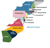 Map of the 13 original colonies on the East Coast of North America.
