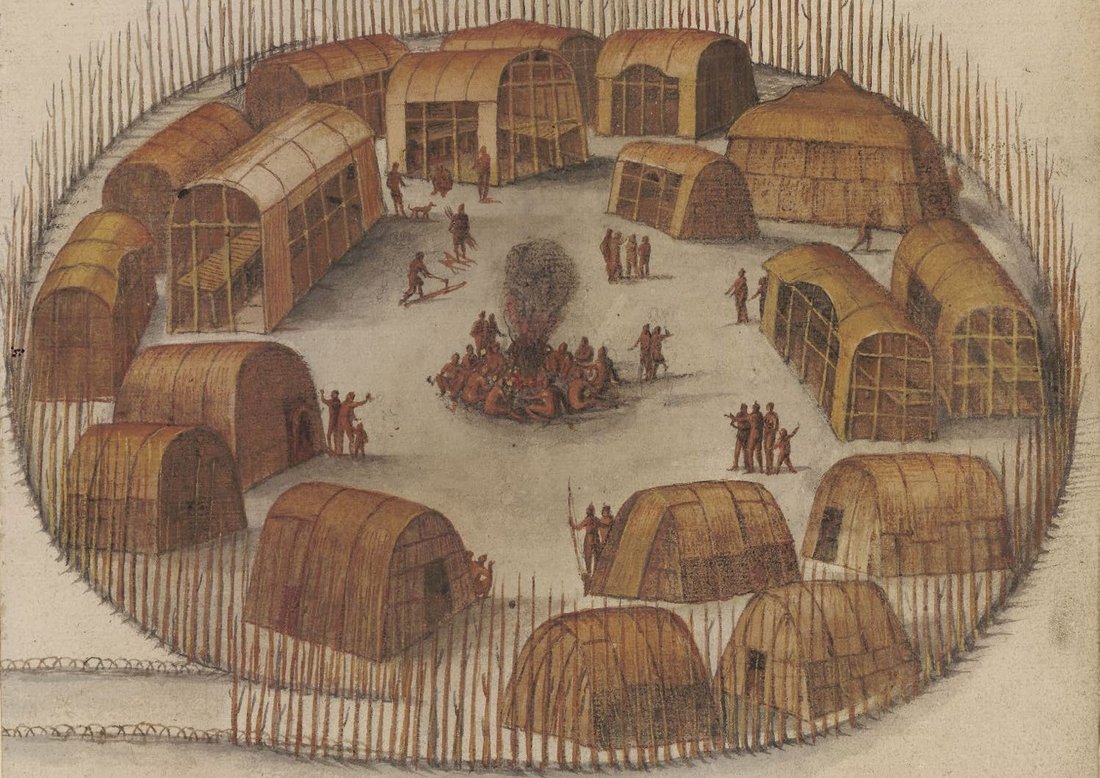 Illustration of the town of Pomeiock by John White. Courtesy of the Jamestown Yorktown Foundation collection.