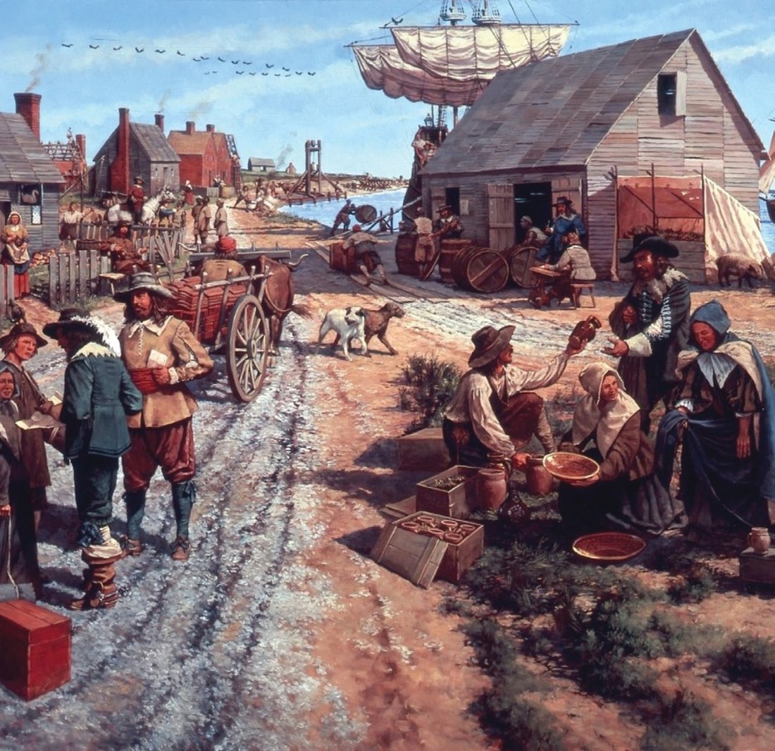 A scene of a busy street in Jamestown around 1650. Courtesy of the National Park Service.