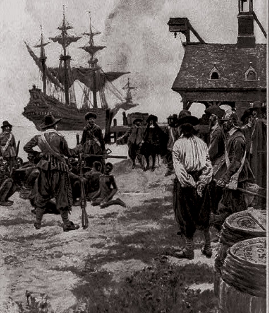 An image of the first enslaved people from Africa arriving in Jamestown.