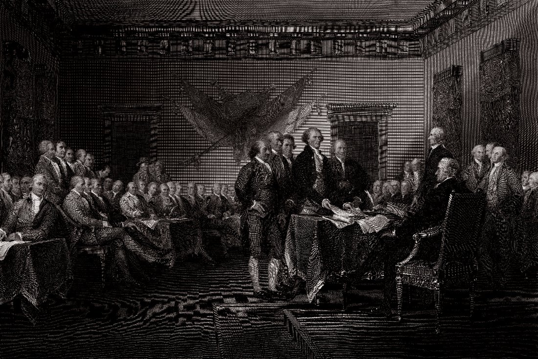 In “Declaration of Independence,” by John Trumbull, Thomas Jefferson and his committee present the formal statement of independence from Great Britain. Courtesy of the National Archives.