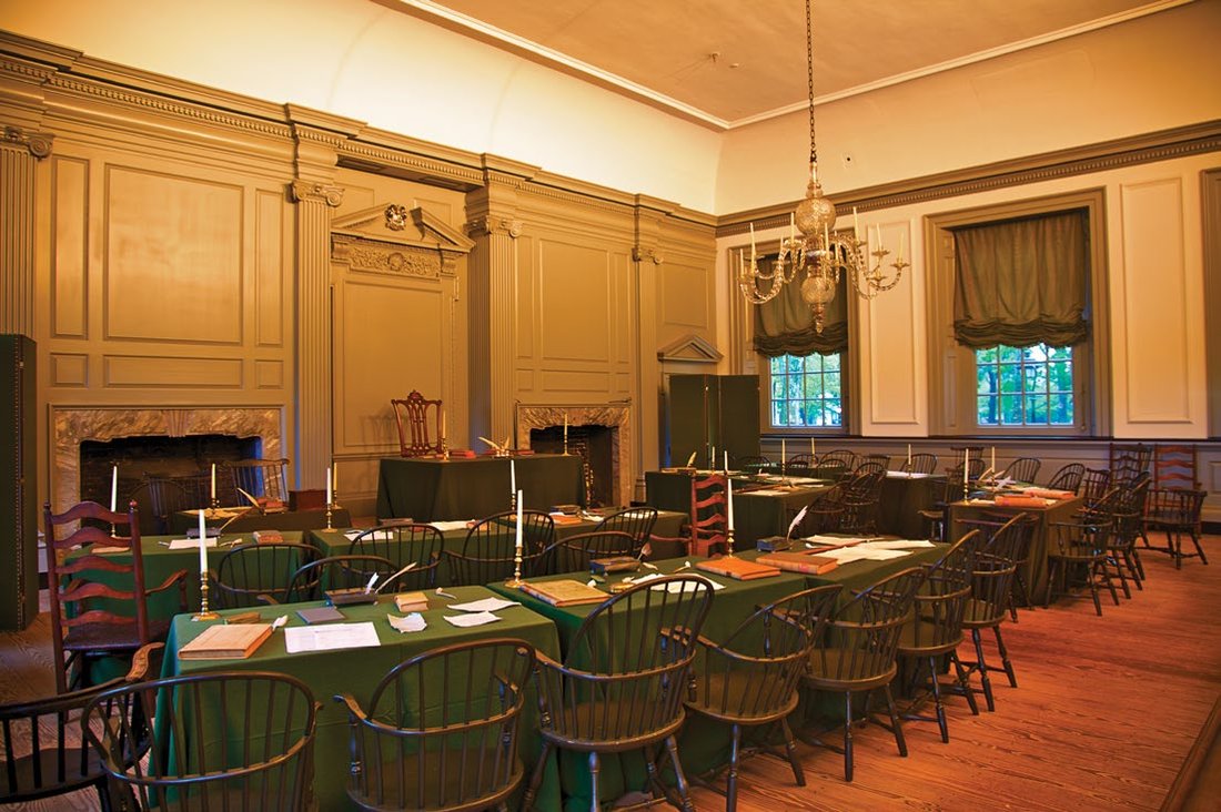 Assembly room of Independence Hall where the Declaration of Independence and the U.S. Constitution were both signed. Courtesy of the National Park Service.