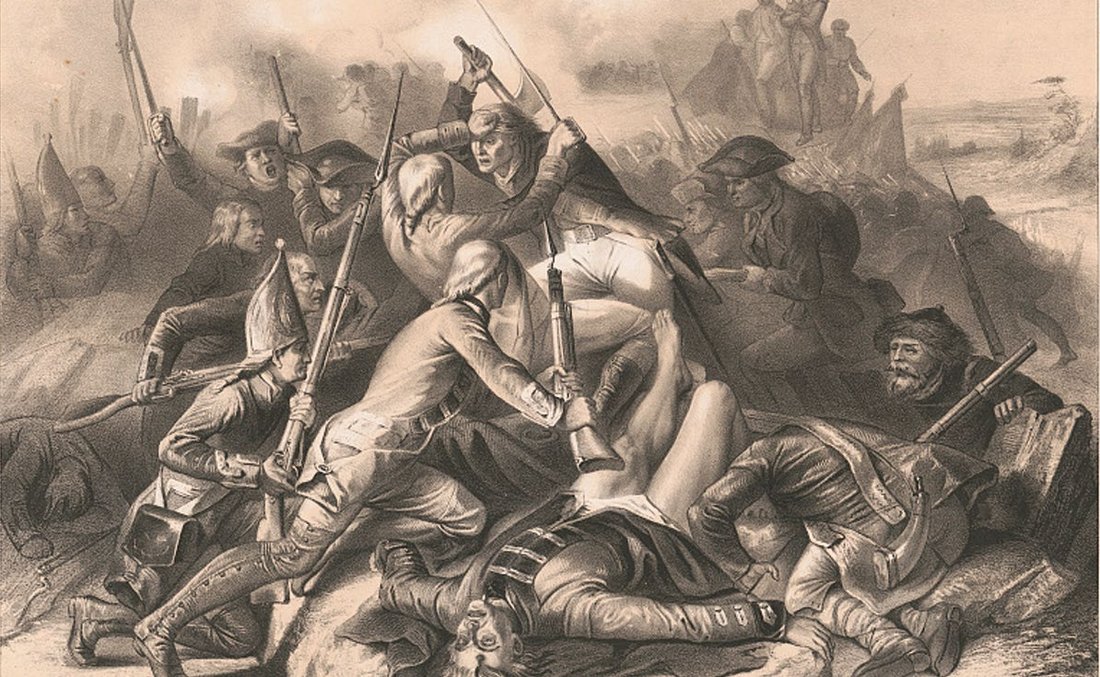 American, British and Hessian soldiers fight furiously at the Siege of Yorktown. Courtesy of the Library of Congress.