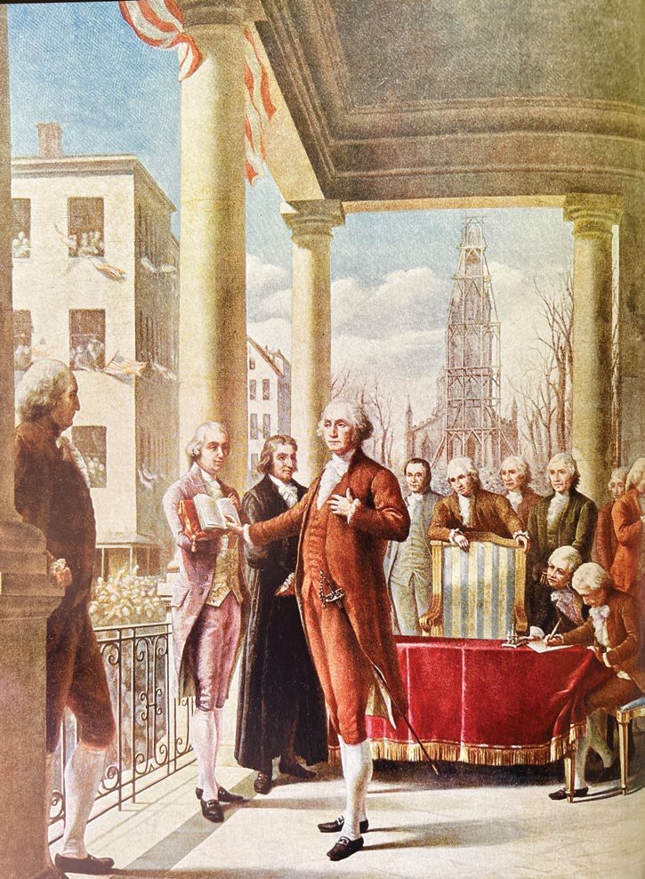 George Washington takes the Oath of Office at Federal Hall in New York City.