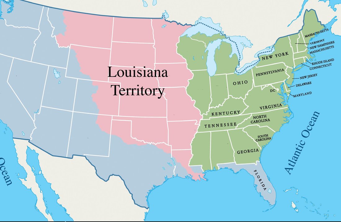 This map shows the U.S. in 1803 in green and the Louisiana Territory in pink.