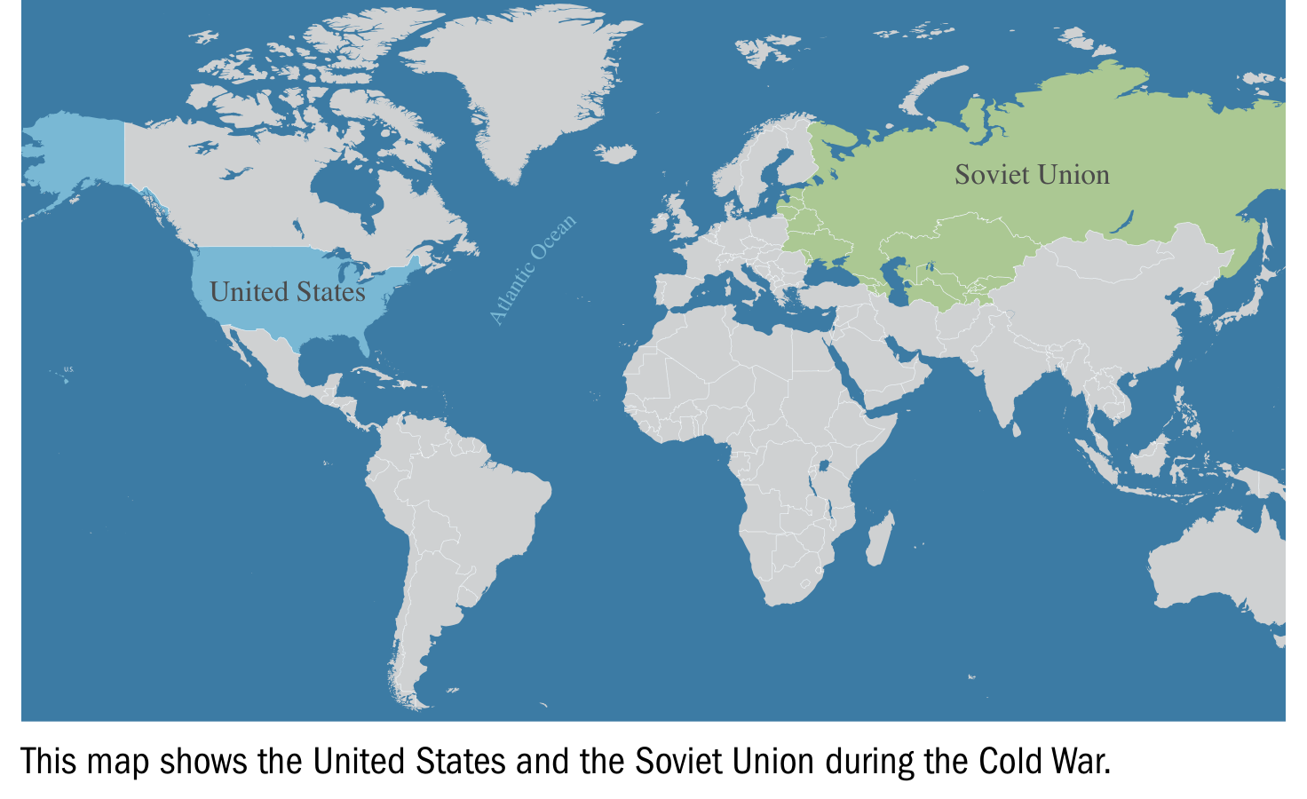 Map showing the United States and the Soviet Union during the Cold War.