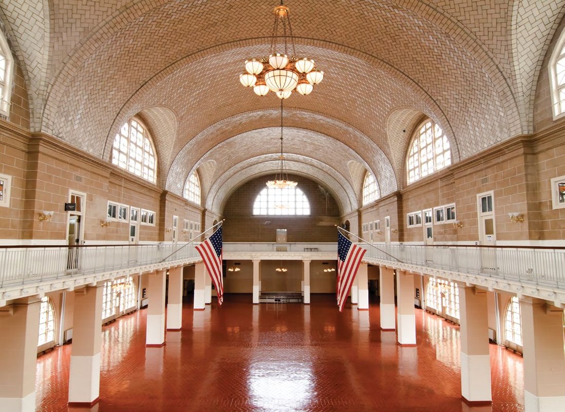 Great Hall at Ellis Island immigration station.