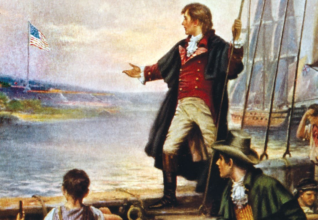 In “The Star-Spangled Banner,” by Percy Moran, Francis Scott Key reaches toward the flag flying over Fort McHenry.